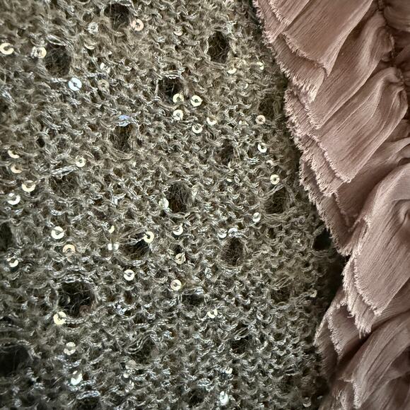 PROJECT ALABAMA | Gray Lightweight Sequin Ruffle Trim Open Knit Cardigan | Small - Picture 3 of 6